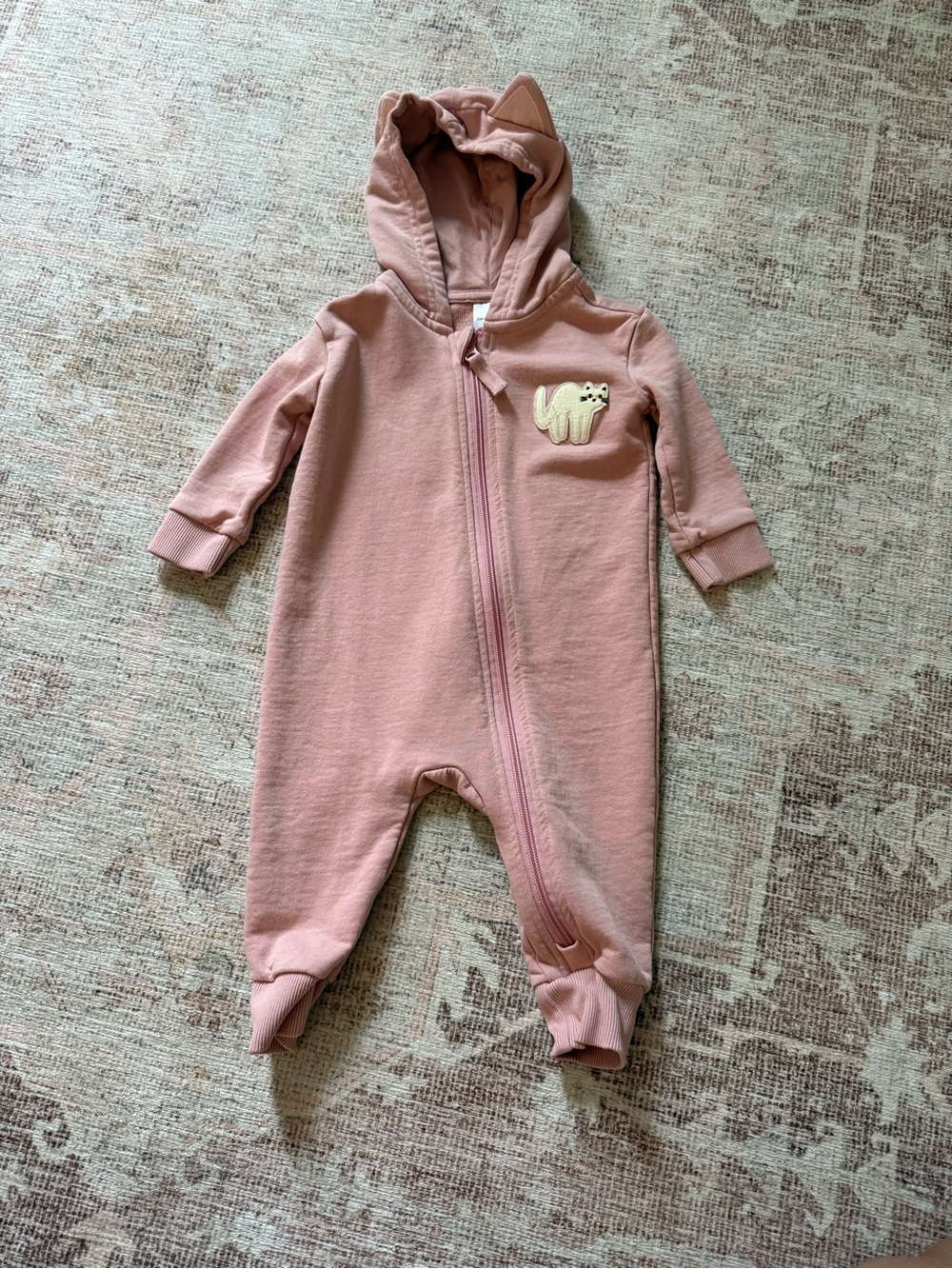 Hanna Andersson Pink Cat Hooded Romper 12-18M